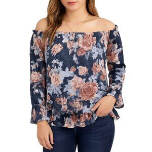 Womens M Navy Pink Floral Off Shoulder Blouse Long Sleeve Ruffle Hem Boho
